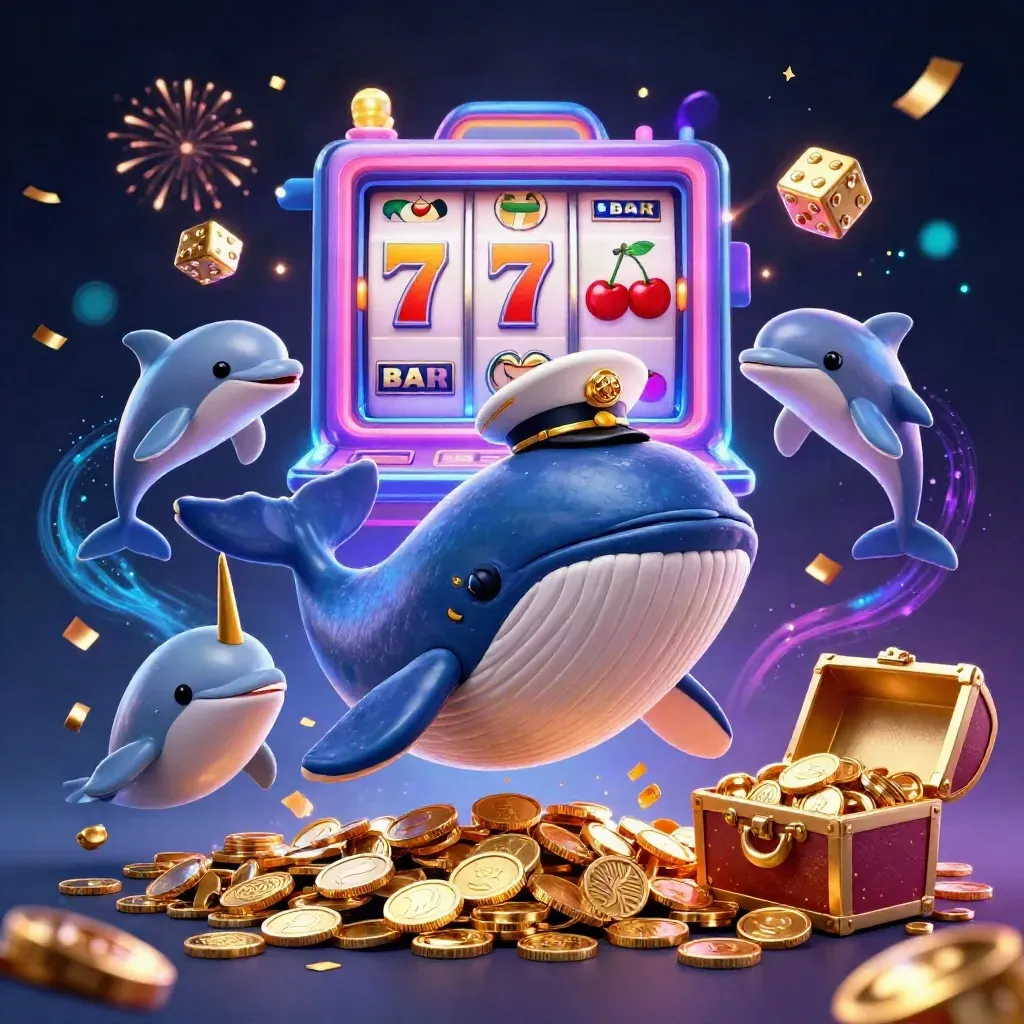 Captain whale, narwhal, and dolphins burst through coins with casino effects and gold