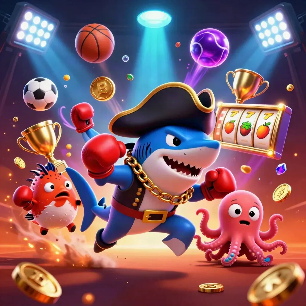 Pirate shark, boxing pufferfish, and juggling octopus amid coins, sports balls, and neon casino glow.