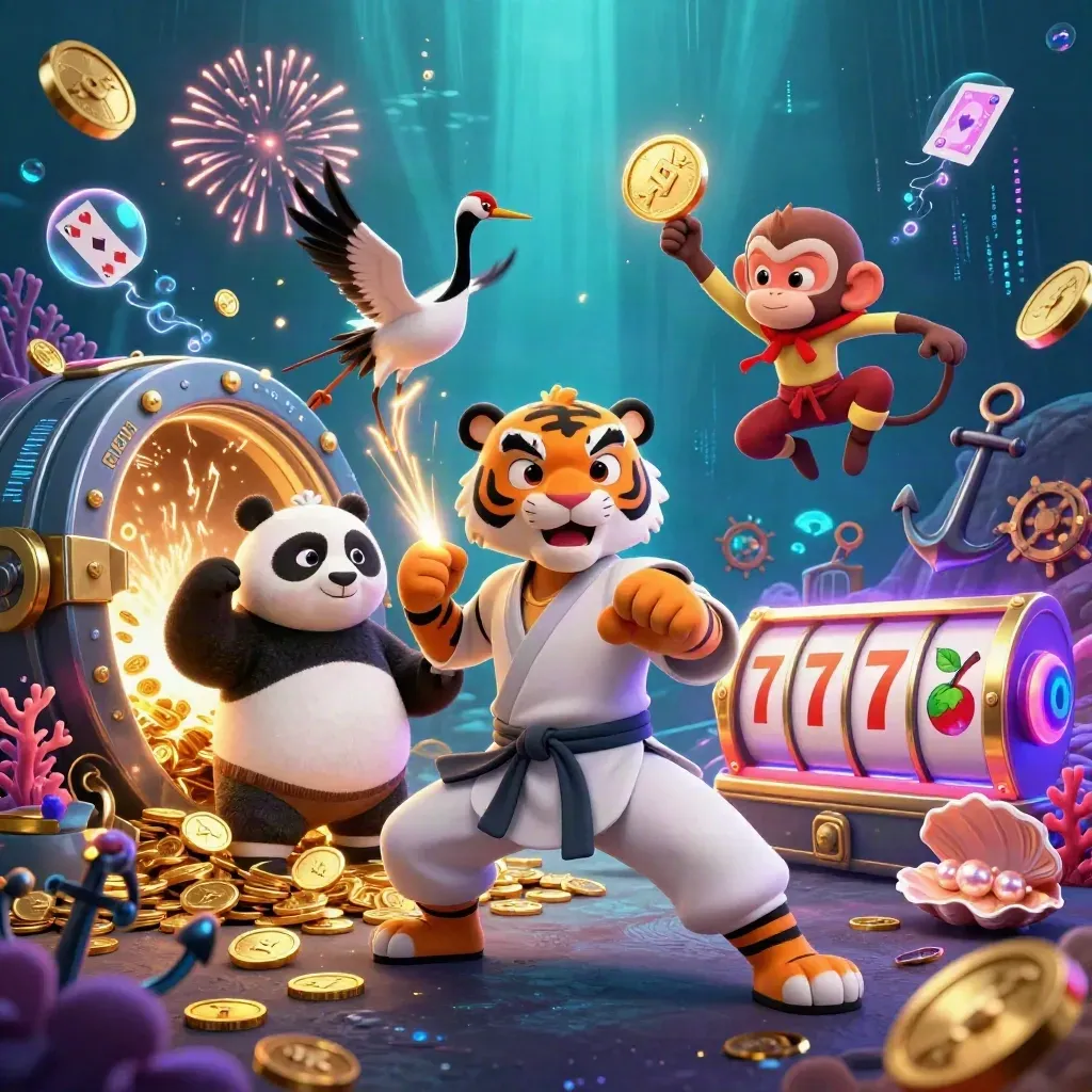 Kung-fu tiger, panda, and monkey amid an underwater coin burst and casino symbols.
