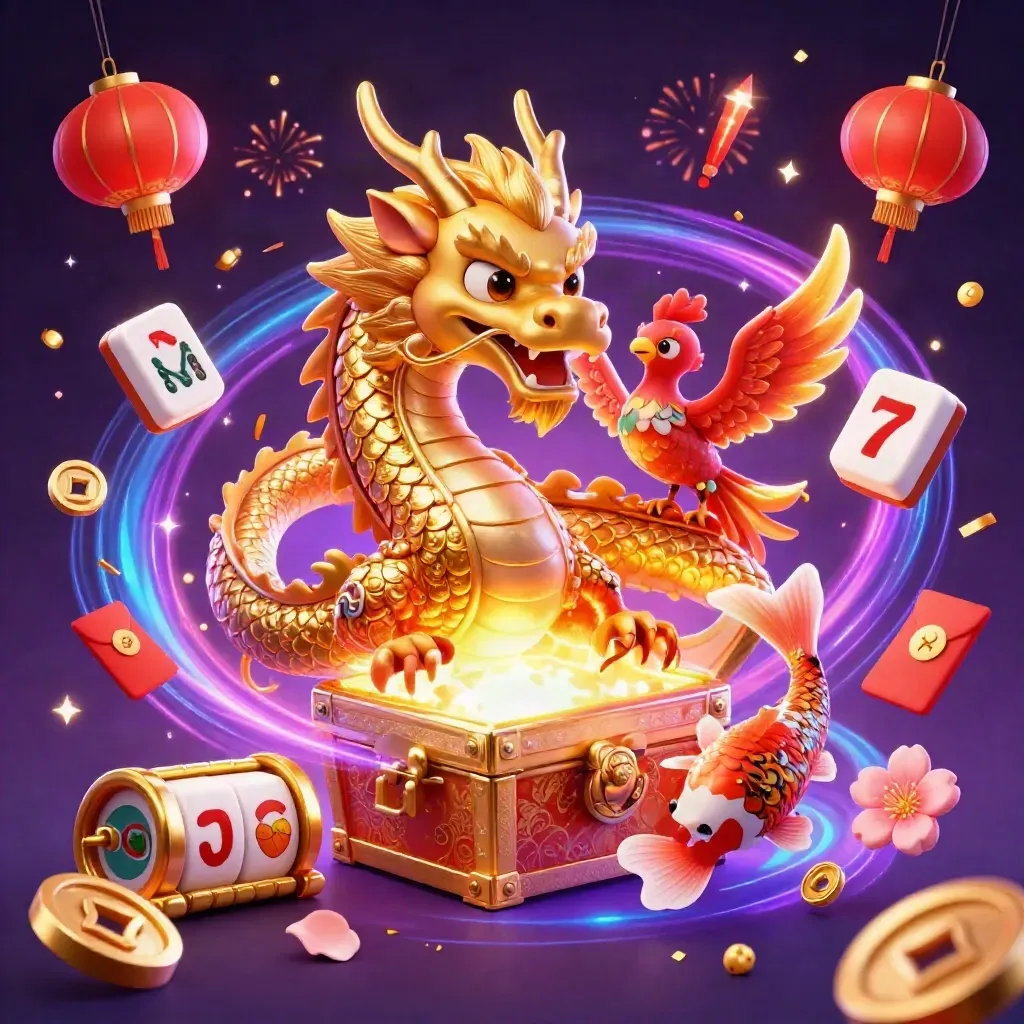 Golden dragon, phoenix, koi and casino icons bursting from a cosmic treasure chest.